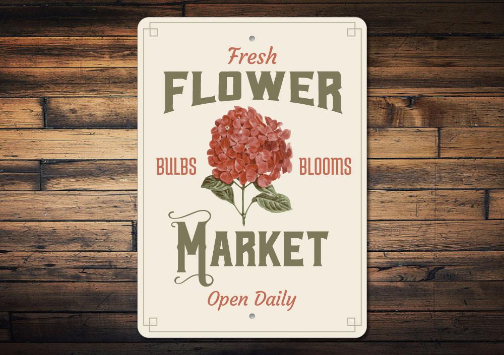 A beautifully crafted Flower Market Sign made of high-quality aluminum, featuring vibrant floral designs and customizable text options.