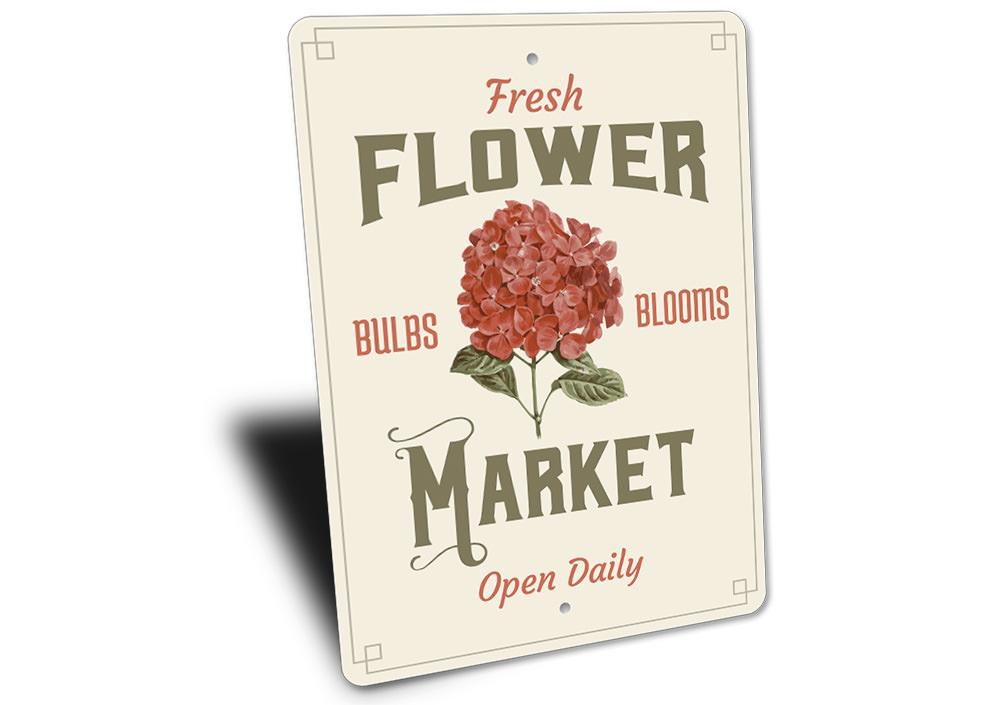 A beautifully crafted Flower Market Sign made of high-quality aluminum, featuring vibrant floral designs and customizable text options.