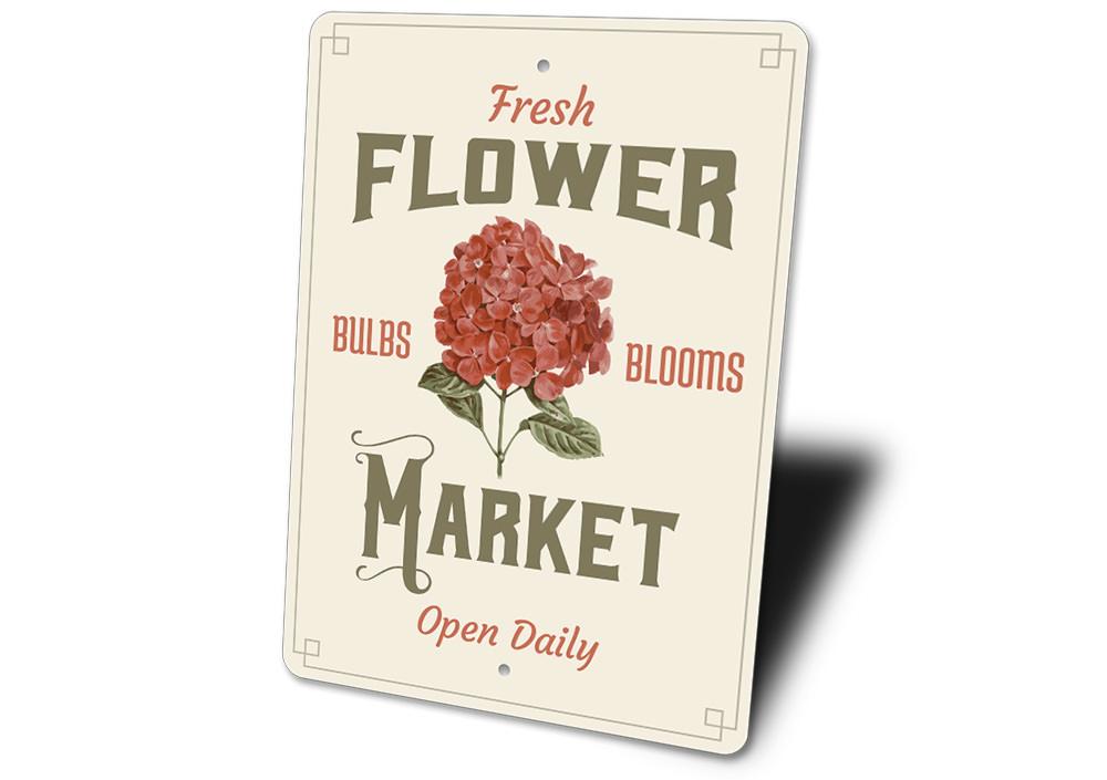 A beautifully crafted Flower Market Sign made of high-quality aluminum, featuring vibrant floral designs and customizable text options.