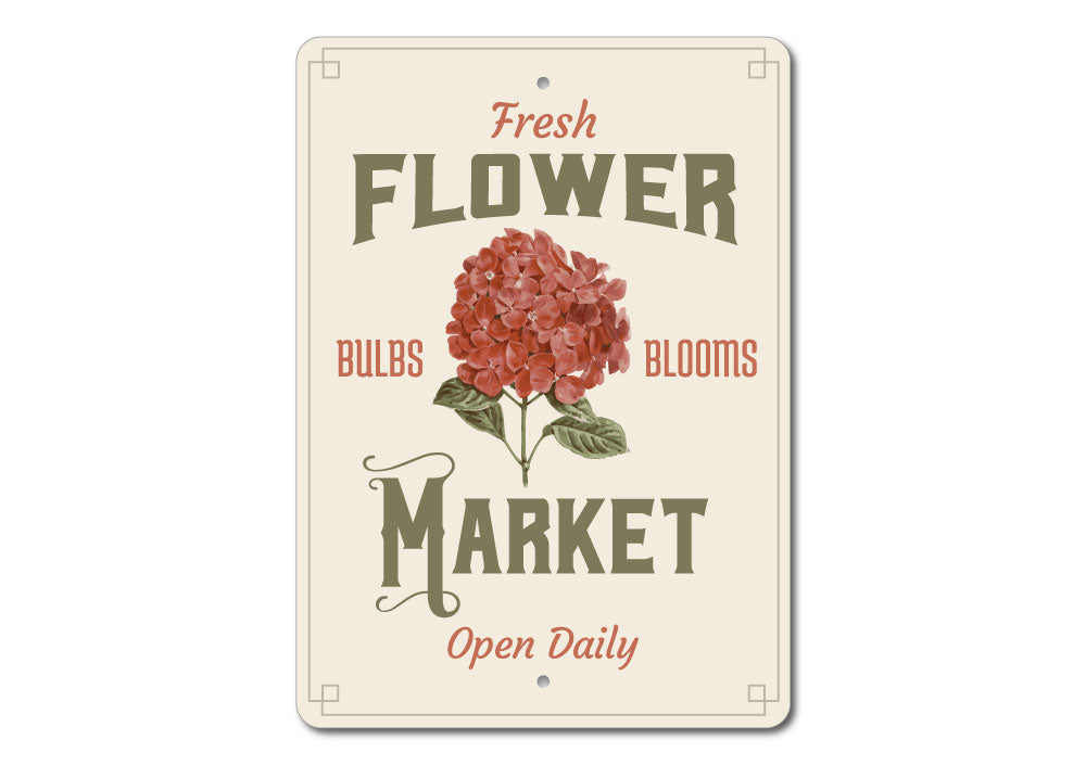 A beautifully crafted Flower Market Sign made of high-quality aluminum, featuring vibrant floral designs and customizable text options.