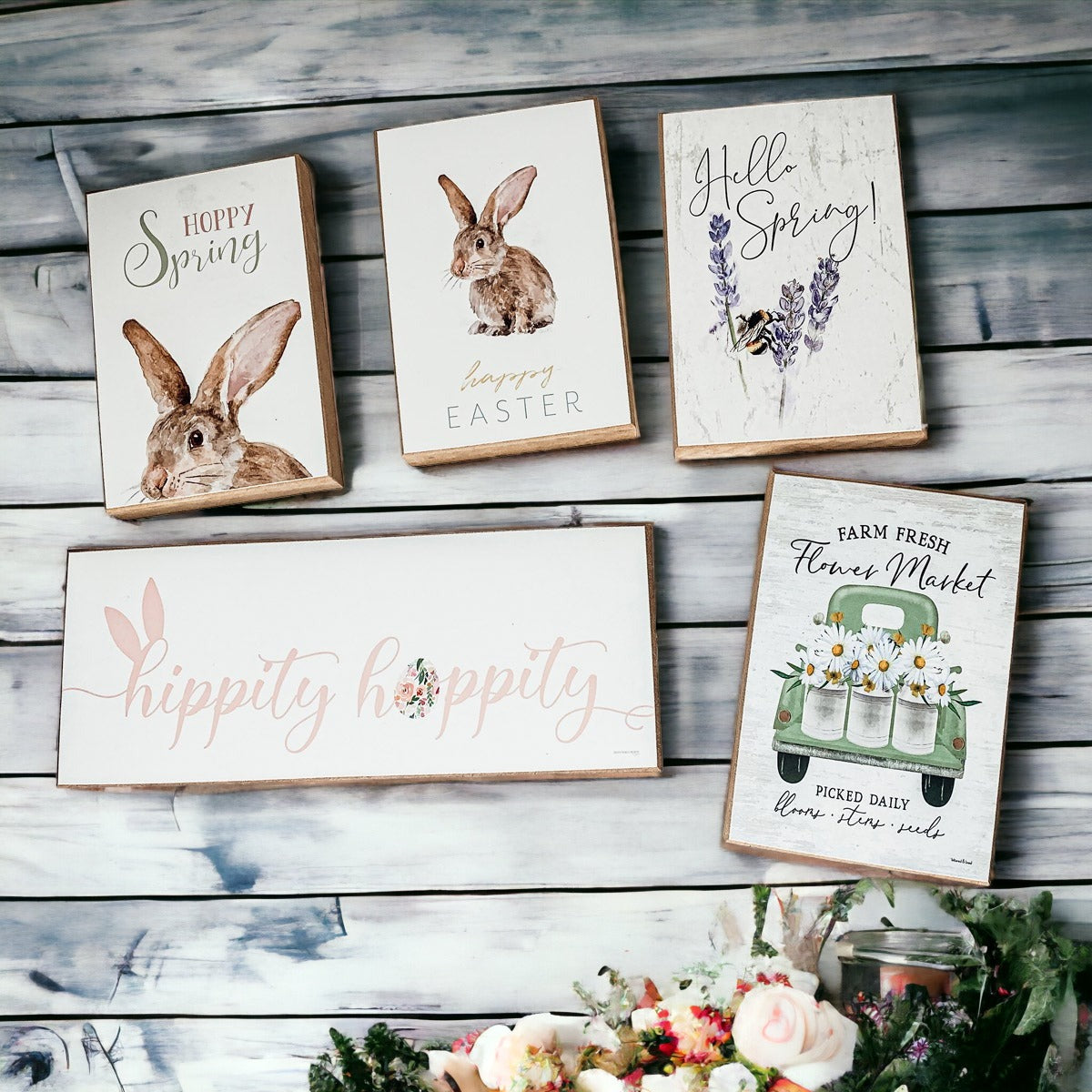 Farm Fresh Flower Market sign featuring a vintage green pickup truck filled with flowers, set against a rustic white washed background.