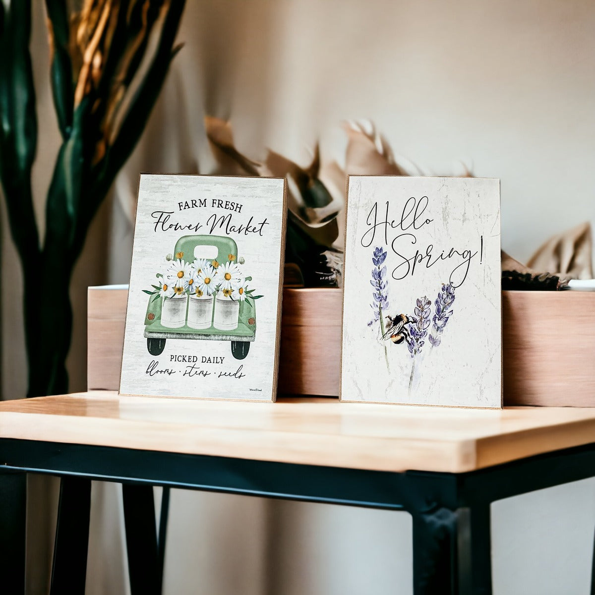 Farm Fresh Flower Market sign featuring a vintage green pickup truck filled with flowers, set against a rustic white washed background.