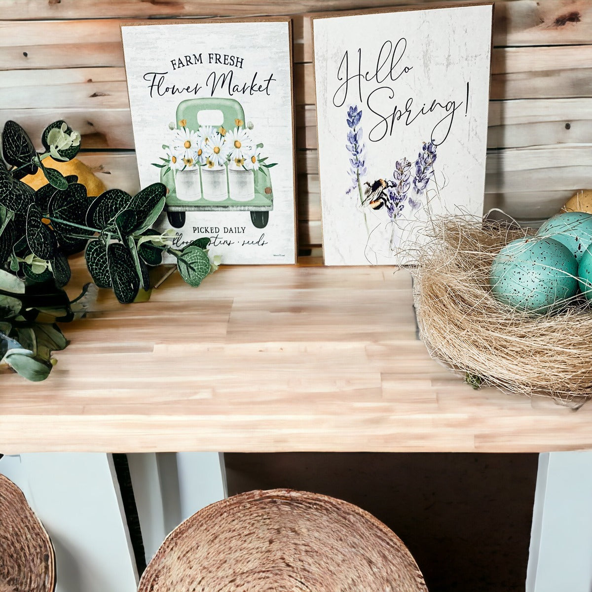 Farm Fresh Flower Market sign featuring a vintage green pickup truck filled with flowers, set against a rustic white washed background.