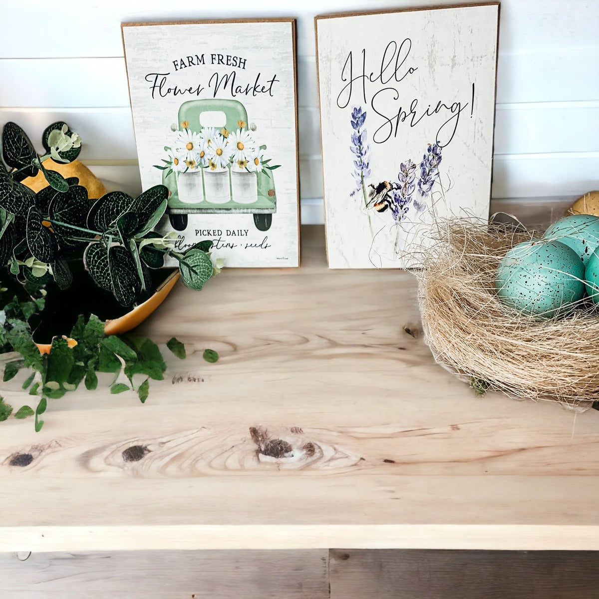 Farm Fresh Flower Market sign featuring a vintage green pickup truck filled with flowers, set against a rustic white washed background.