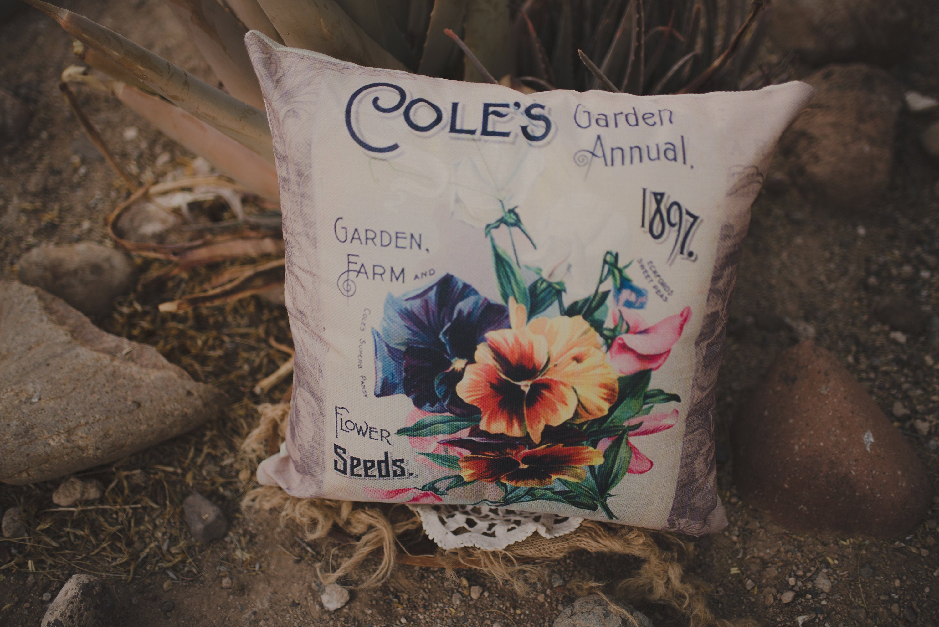 Handmade Pansie Pillow Cover featuring vintage seed package design, available in multiple sizes with concealed zipper.