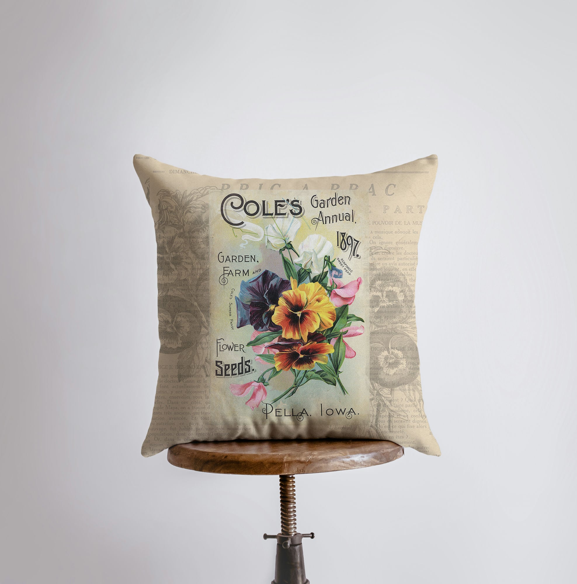 Handmade Pansie Pillow Cover featuring vintage seed package design, available in multiple sizes with concealed zipper.