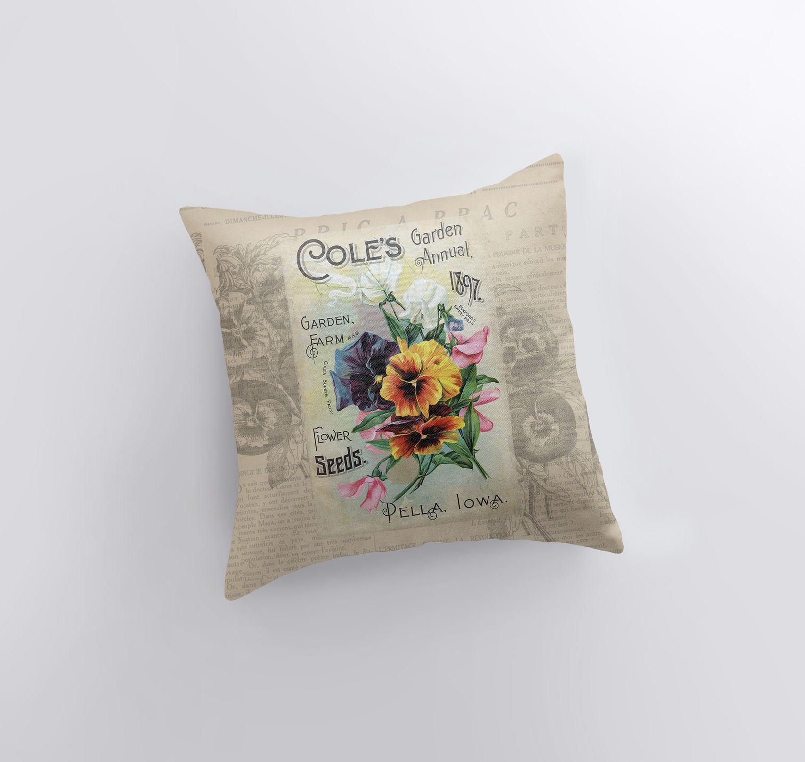 Handmade Pansie Pillow Cover featuring vintage seed package design, available in multiple sizes with concealed zipper.