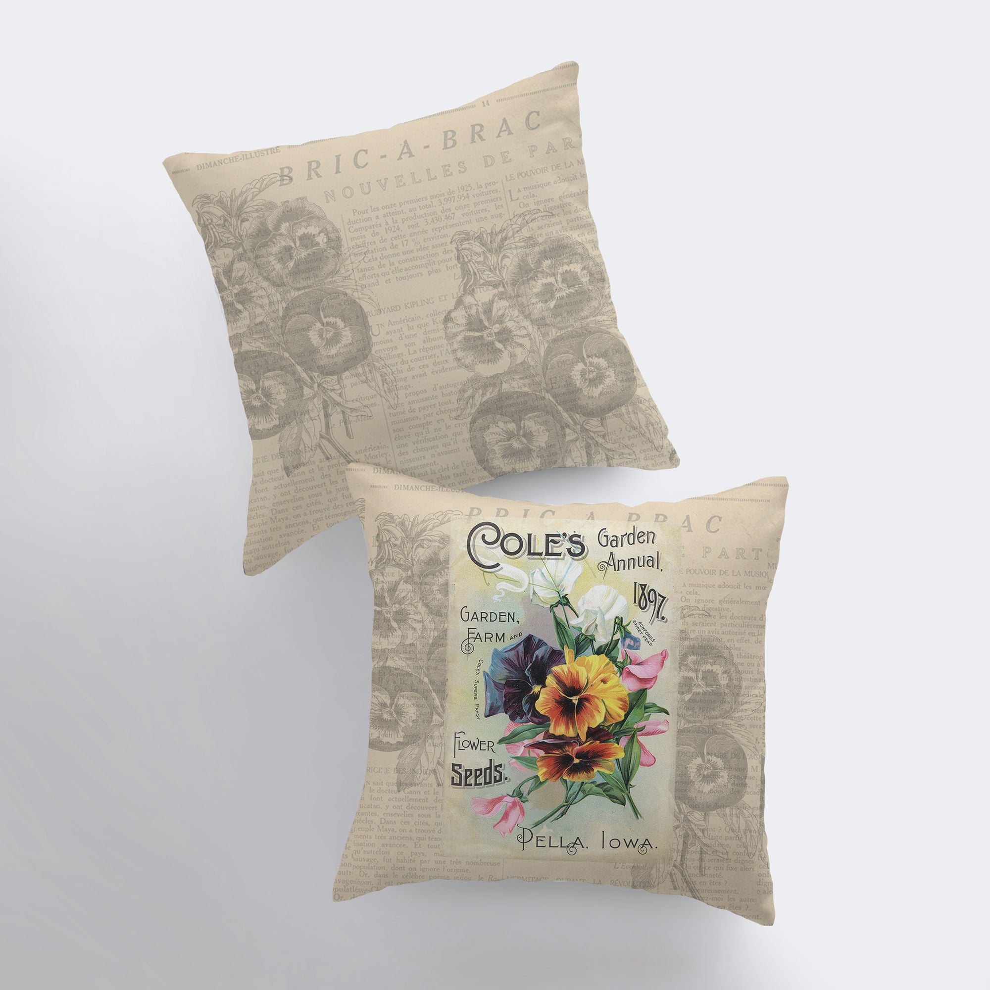 Handmade Pansie Pillow Cover featuring vintage seed package design, available in multiple sizes with concealed zipper.