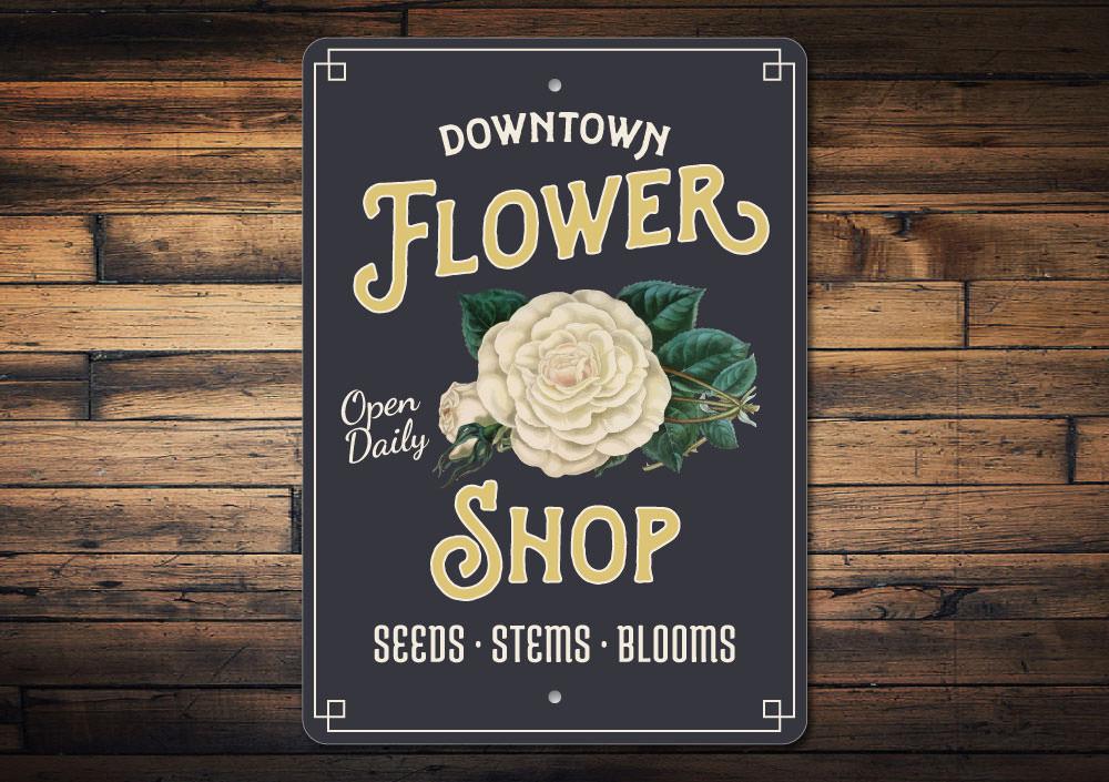 A beautifully crafted Flower Shop Sign made of high-quality aluminum, featuring vibrant colors and customizable text options, perfect for home decor.