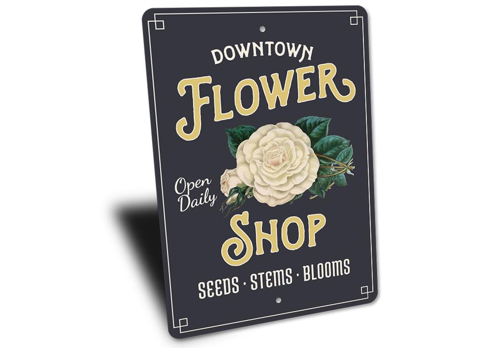 A beautifully crafted Flower Shop Sign made of high-quality aluminum, featuring vibrant colors and customizable text options, perfect for home decor.