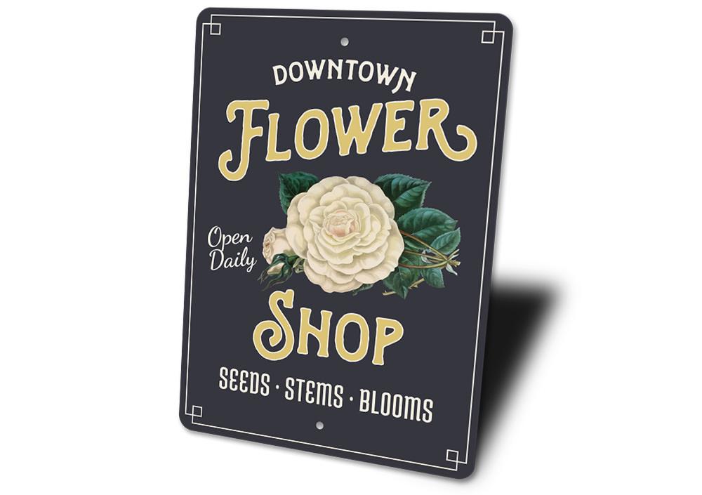 A beautifully crafted Flower Shop Sign made of high-quality aluminum, featuring vibrant colors and customizable text options, perfect for home decor.