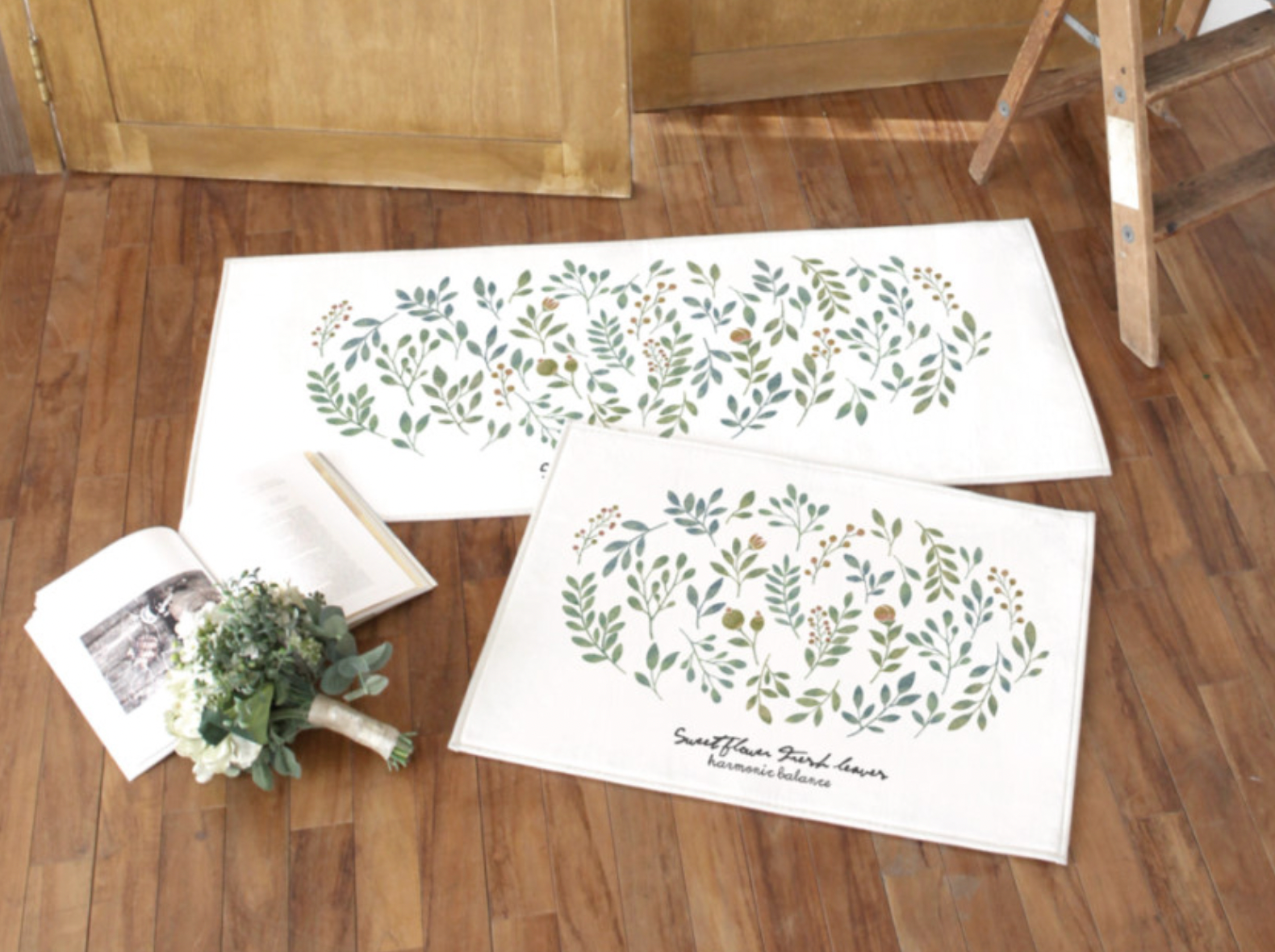 Flower Wreath floor mat and kitchen mat set featuring vibrant floral design and soft microfiber material.