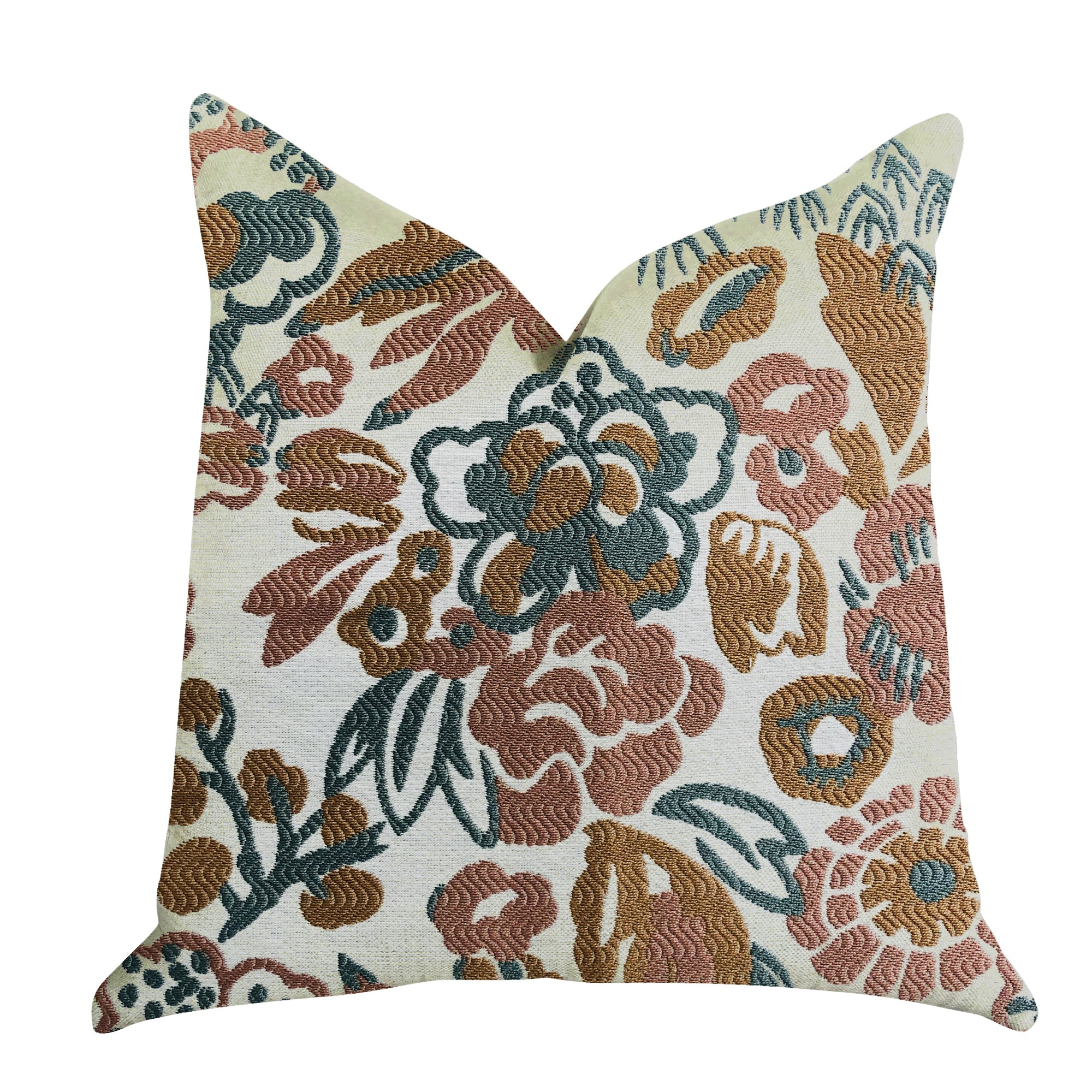 Floweret Luxury Throw Pillow featuring a trendy double-sided design in green, brown, and white colors, with an invisible zipper and handmade quality.