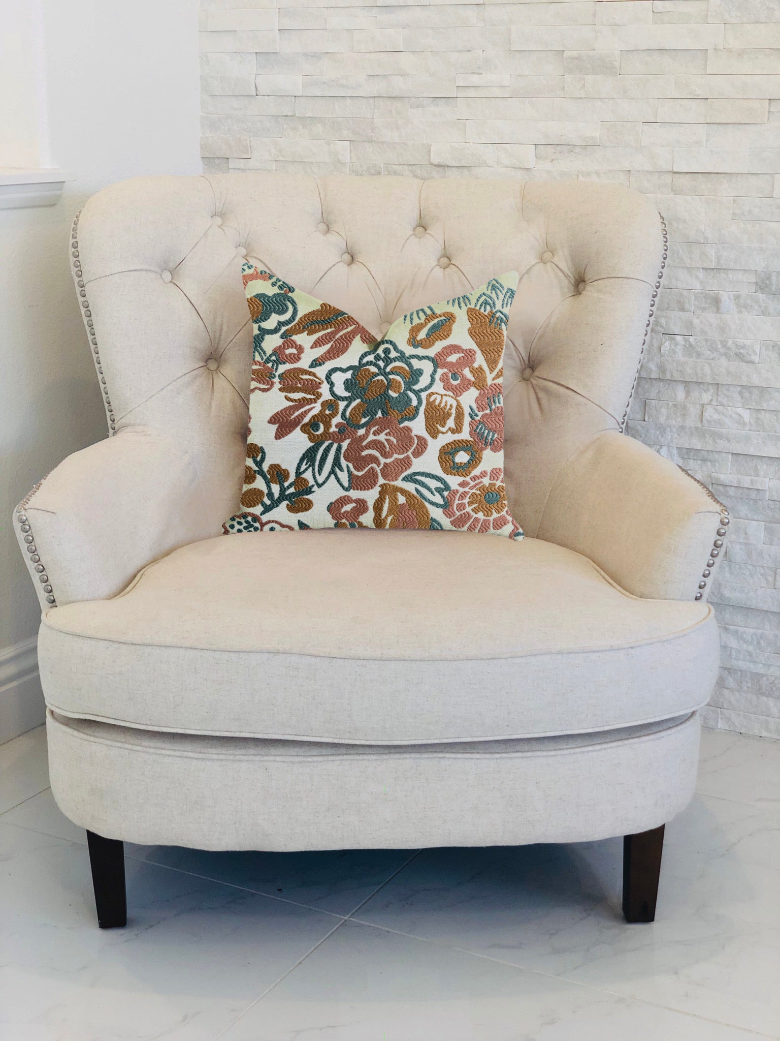 Floweret Luxury Throw Pillow featuring a trendy double-sided design in green, brown, and white colors, with an invisible zipper and handmade quality.