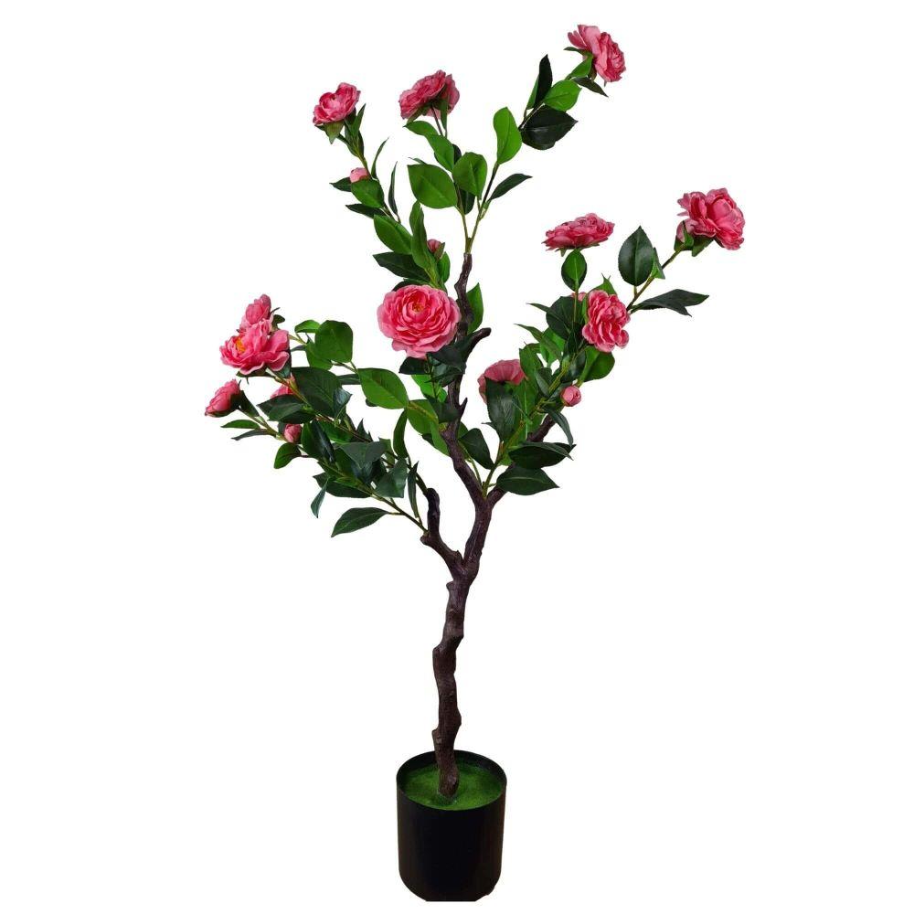 100cm tall Flowering Natural Pink Artificial Camellia Tree with soft pink flowers and lush green foliage, perfect for indoor decoration.