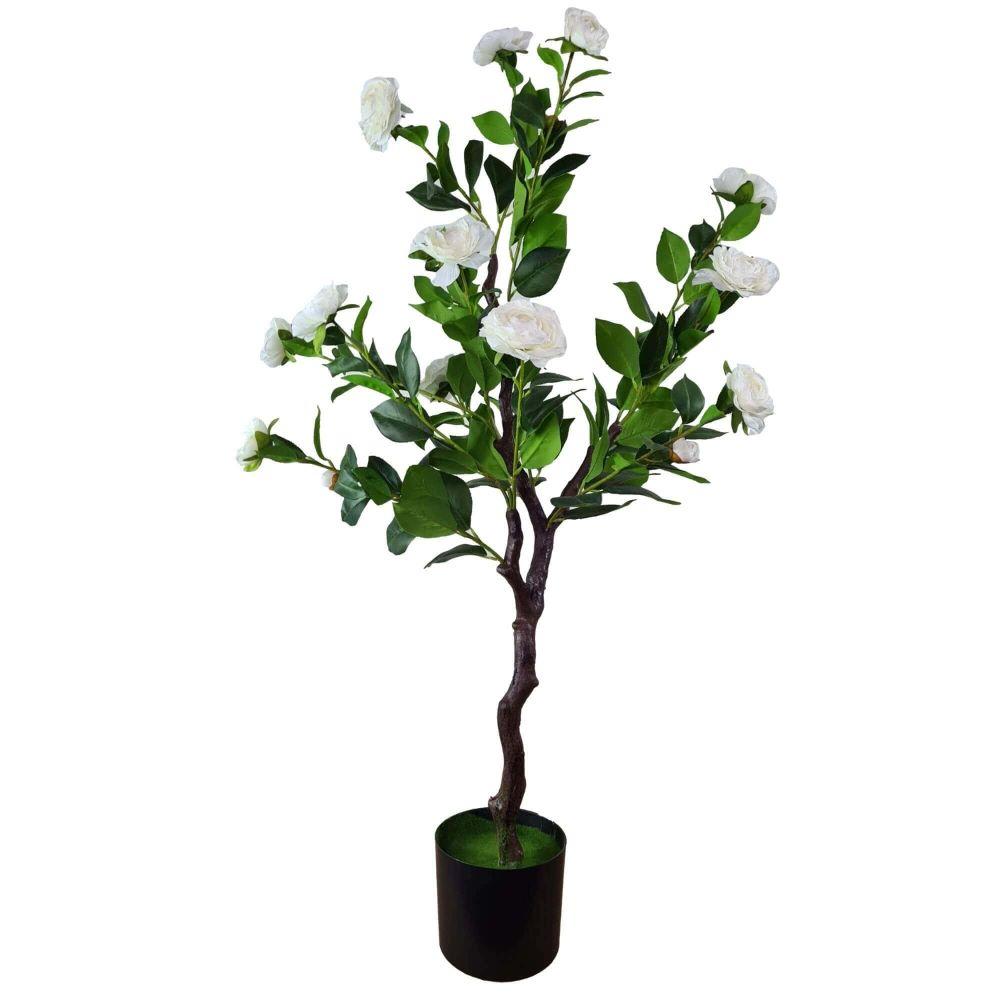 100cm Flowering Natural White Artificial Camellia Tree with lush green leaves and delicate white flowers, perfect for indoor decoration.