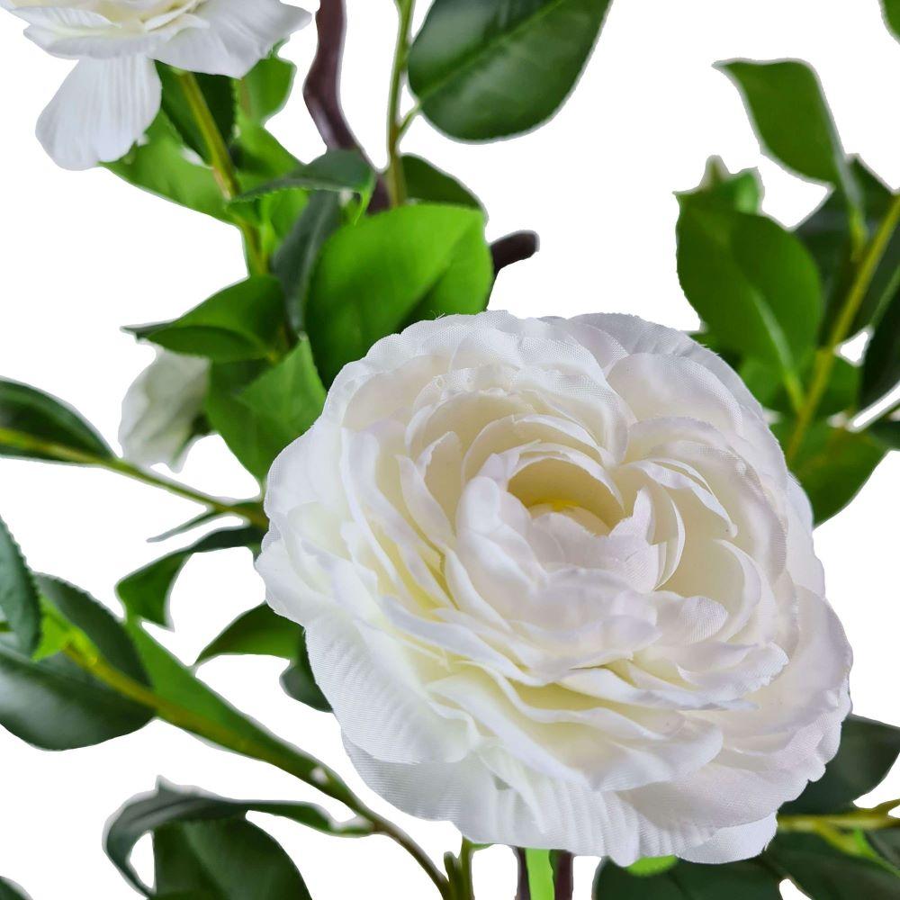 A tall 180cm Flowering Natural White Artificial Camellia Tree with soft white flowers and lush green leaves, elegantly displayed indoors.