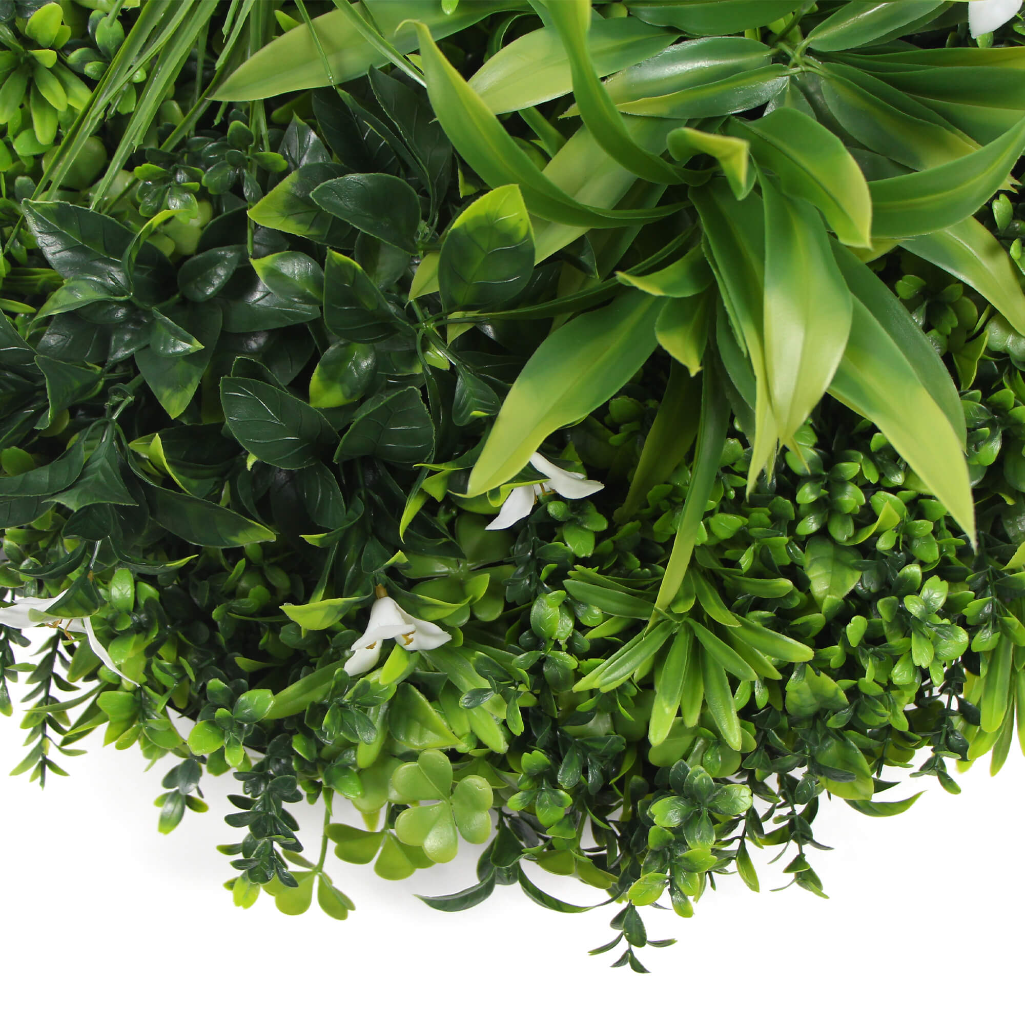 Large Flowering White Artificial Green Wall Disc with black frame, showcasing vibrant white flowers and lush greenery.