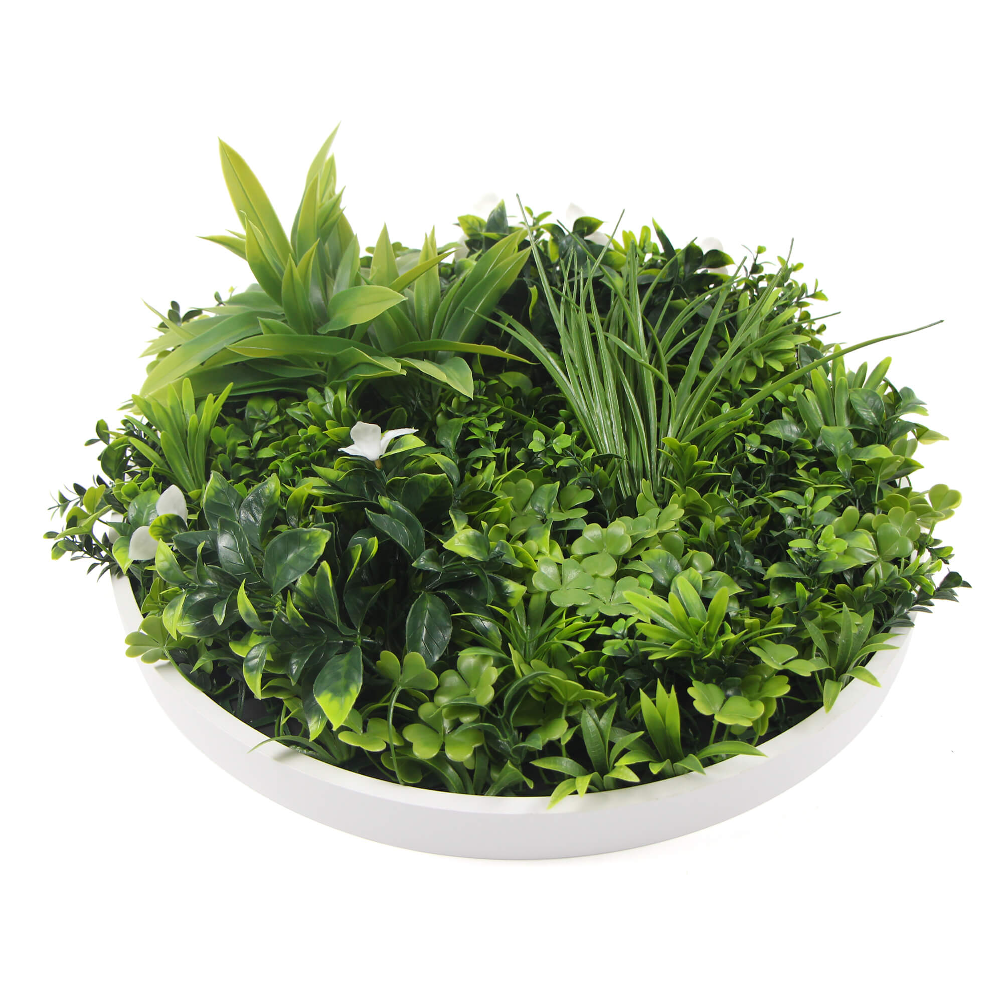 Large Flowering White Artificial Green Wall Disc with a white frame, showcasing vibrant UV-resistant foliage, perfect for indoor and outdoor decor.