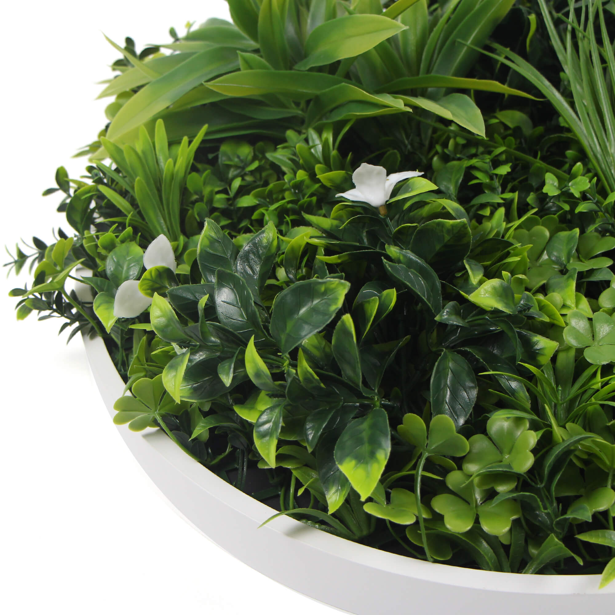 Large Flowering White Artificial Green Wall Disc with a white frame, showcasing vibrant UV-resistant foliage, perfect for indoor and outdoor decor.