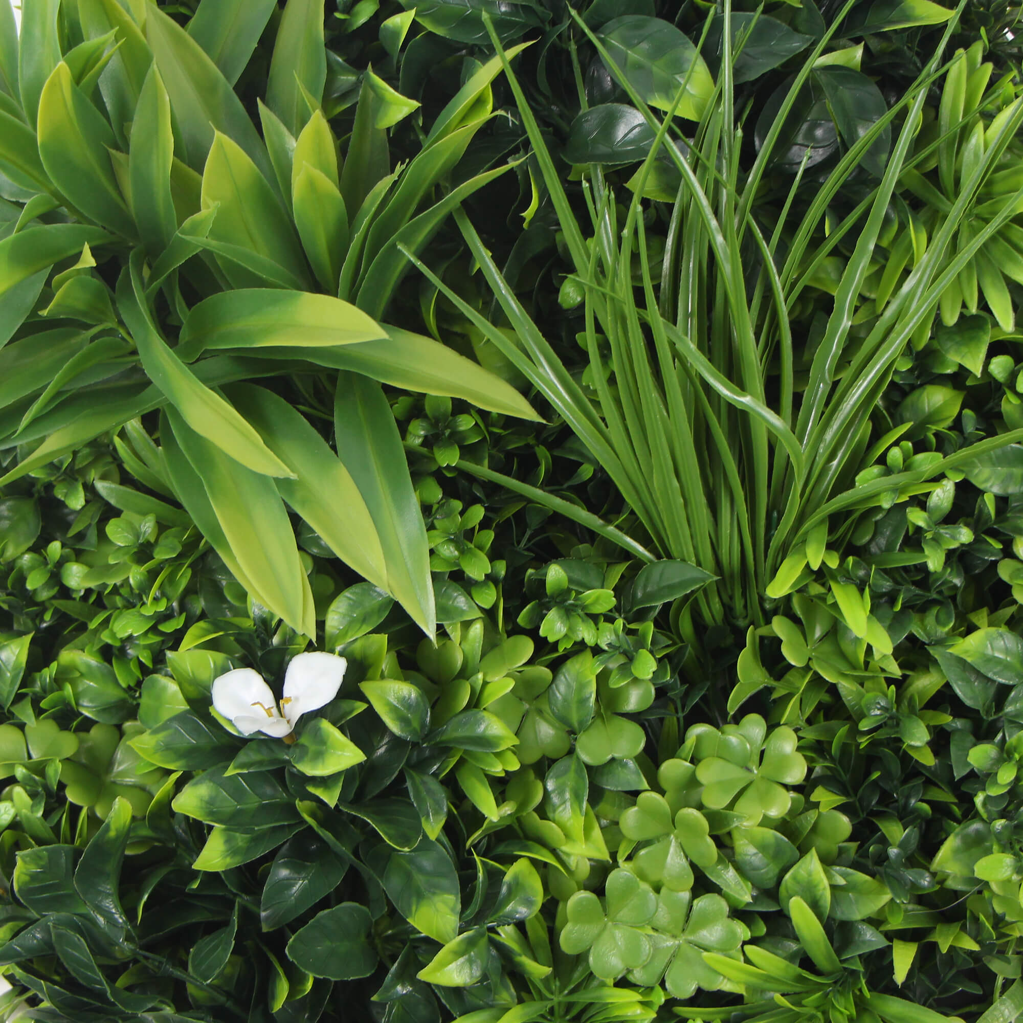 Large Flowering White Artificial Green Wall Disc with a white frame, showcasing vibrant UV-resistant foliage, perfect for indoor and outdoor decor.