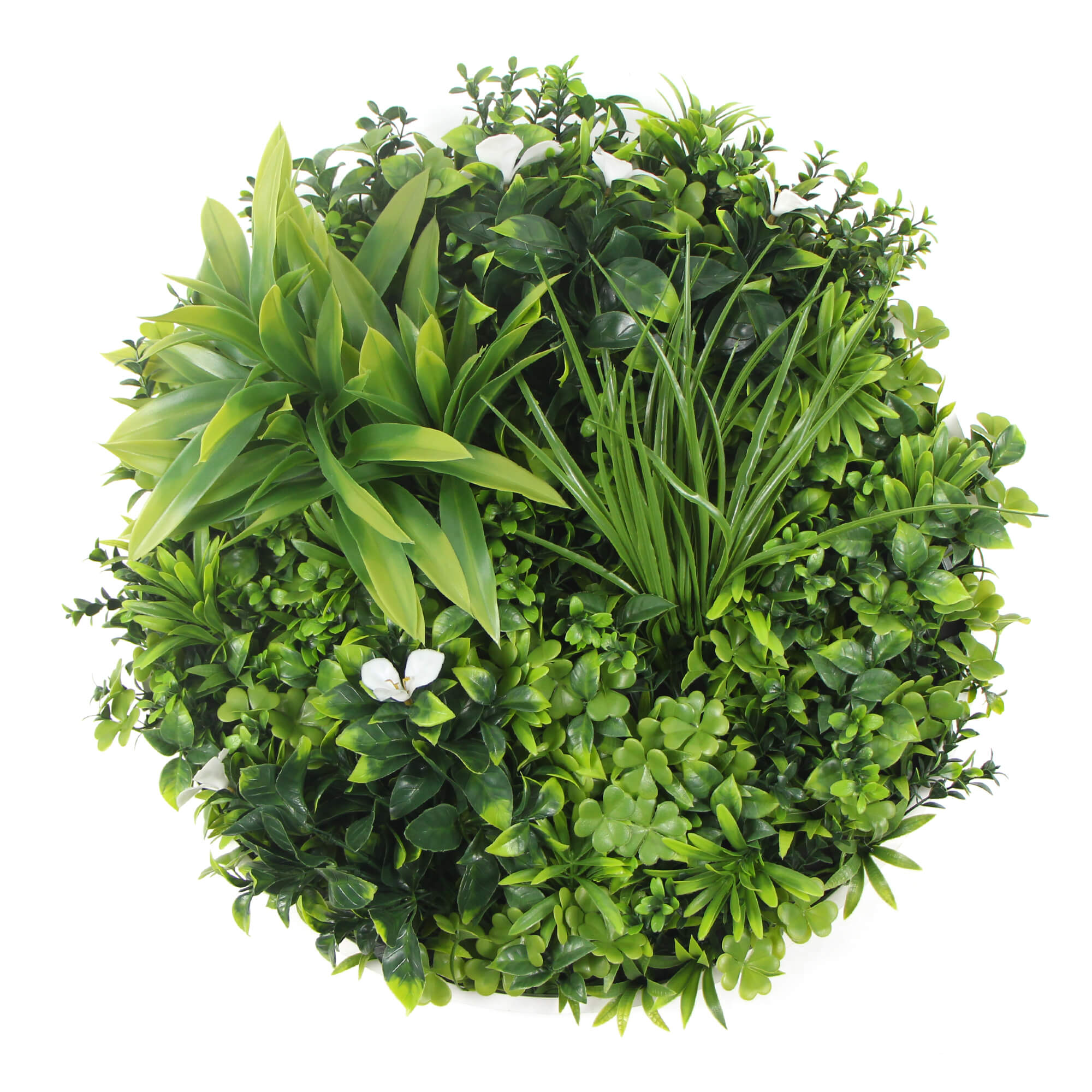 Large Flowering White Artificial Green Wall Disc with a white frame, showcasing vibrant UV-resistant foliage, perfect for indoor and outdoor decor.