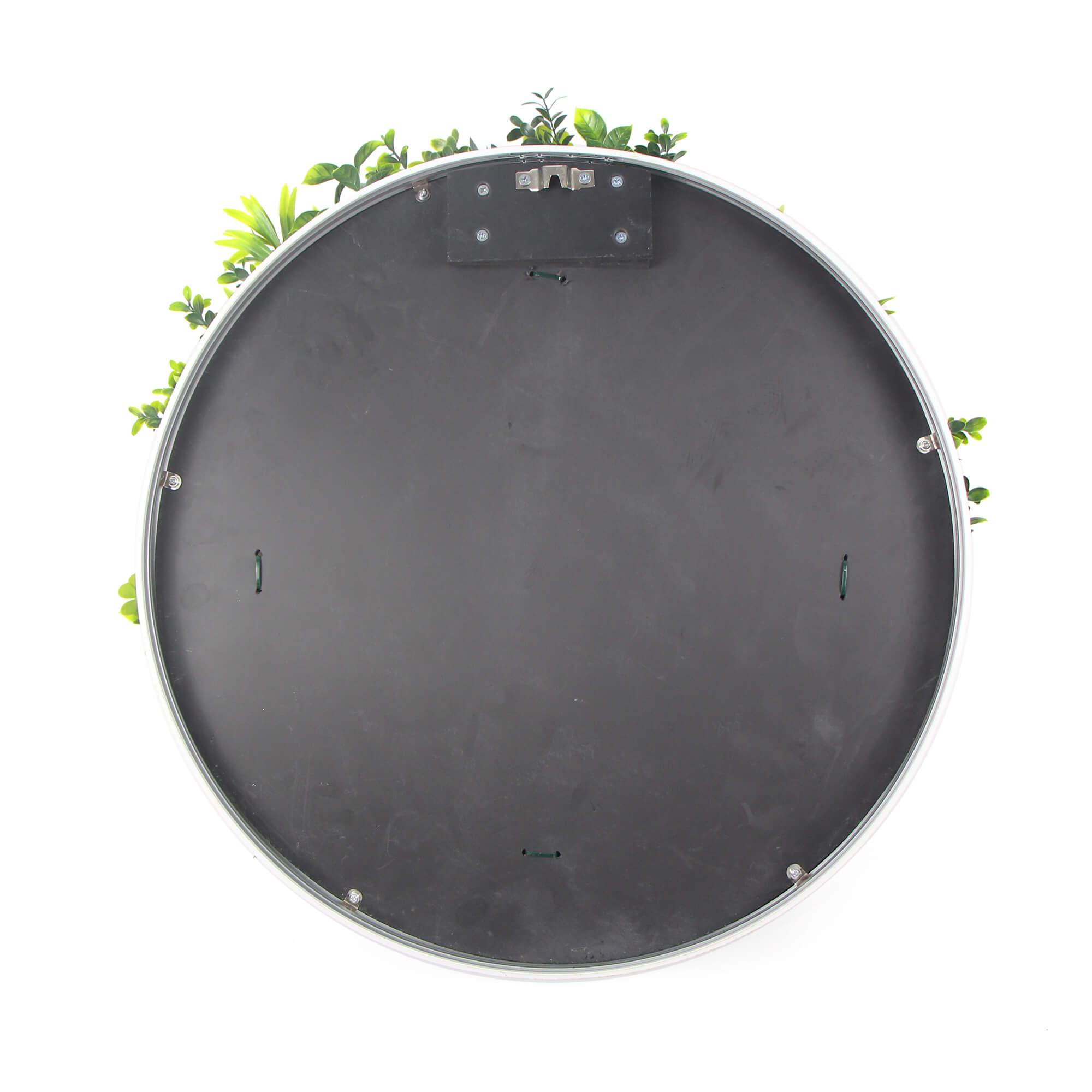 Large Flowering White Artificial Green Wall Disc with a white frame, showcasing vibrant UV-resistant foliage, perfect for indoor and outdoor decor.