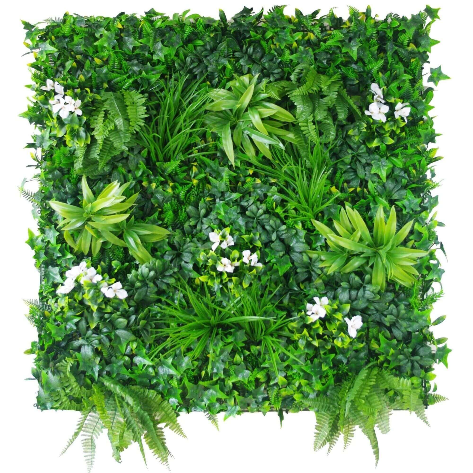 A vibrant Flowering White Jasmine Fake Green Wall showcasing lush greenery and white flowers, perfect for indoor and outdoor decor.