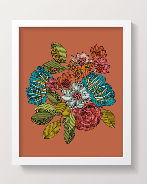 An 8x10 archival art print of colorful flowers, featuring intricate pen and ink details with vibrant digital coloring.