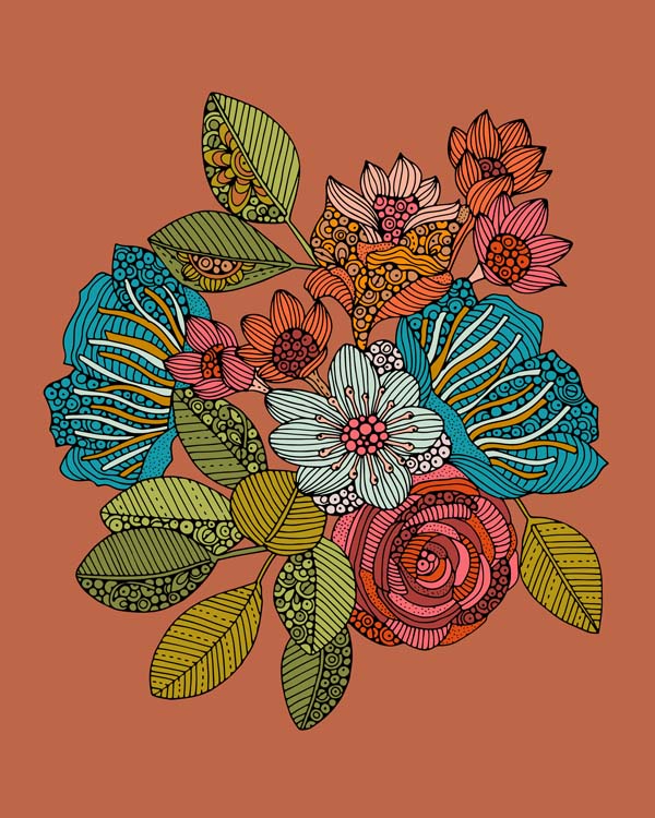 An 8x10 archival art print of colorful flowers, featuring intricate pen and ink details with vibrant digital coloring.