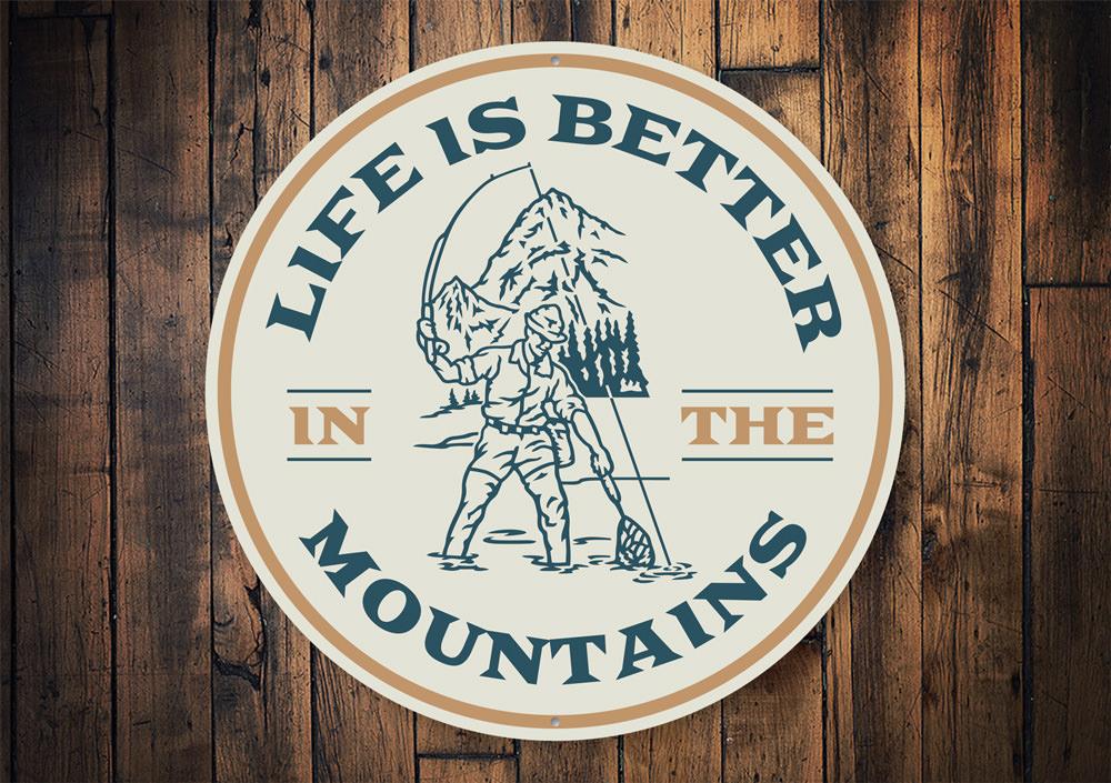 Fly Fishin Mountain Sign made of high-quality aluminum, featuring a fishing theme, perfect for lakehouse decor.