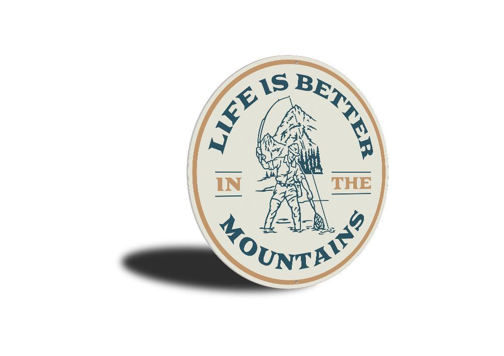 Fly Fishin Mountain Sign made of high-quality aluminum, featuring a fishing theme, perfect for lakehouse decor.