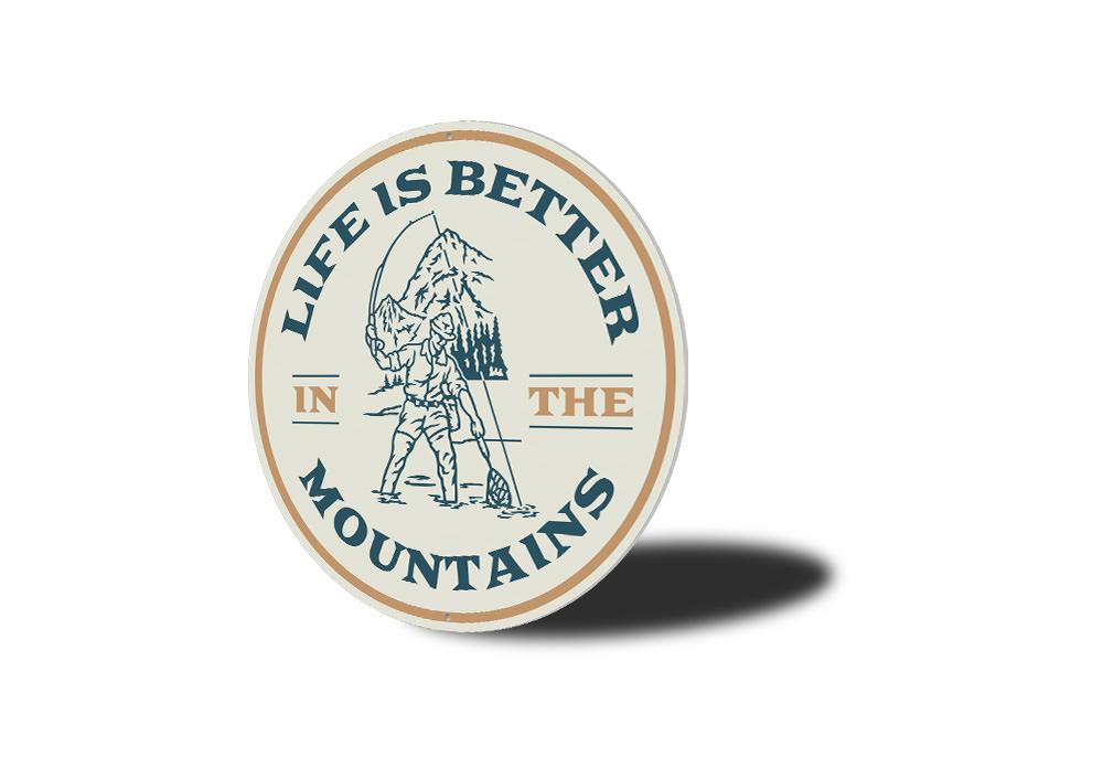 Fly Fishin Mountain Sign made of high-quality aluminum, featuring a fishing theme, perfect for lakehouse decor.