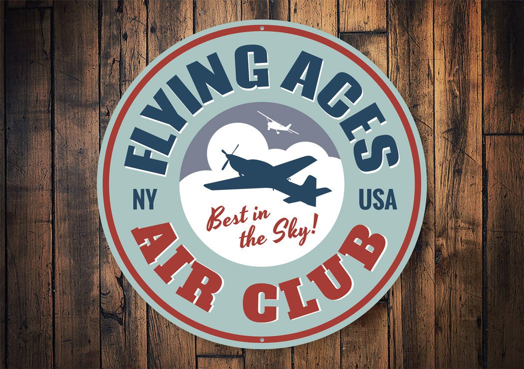 Flying Aces Air Club Airplane Sign made of high-quality aluminum, featuring a vintage airplane design, perfect for aviation enthusiasts.