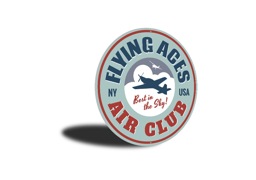 Flying Aces Air Club Airplane Sign made of high-quality aluminum, featuring a vintage airplane design, perfect for aviation enthusiasts.