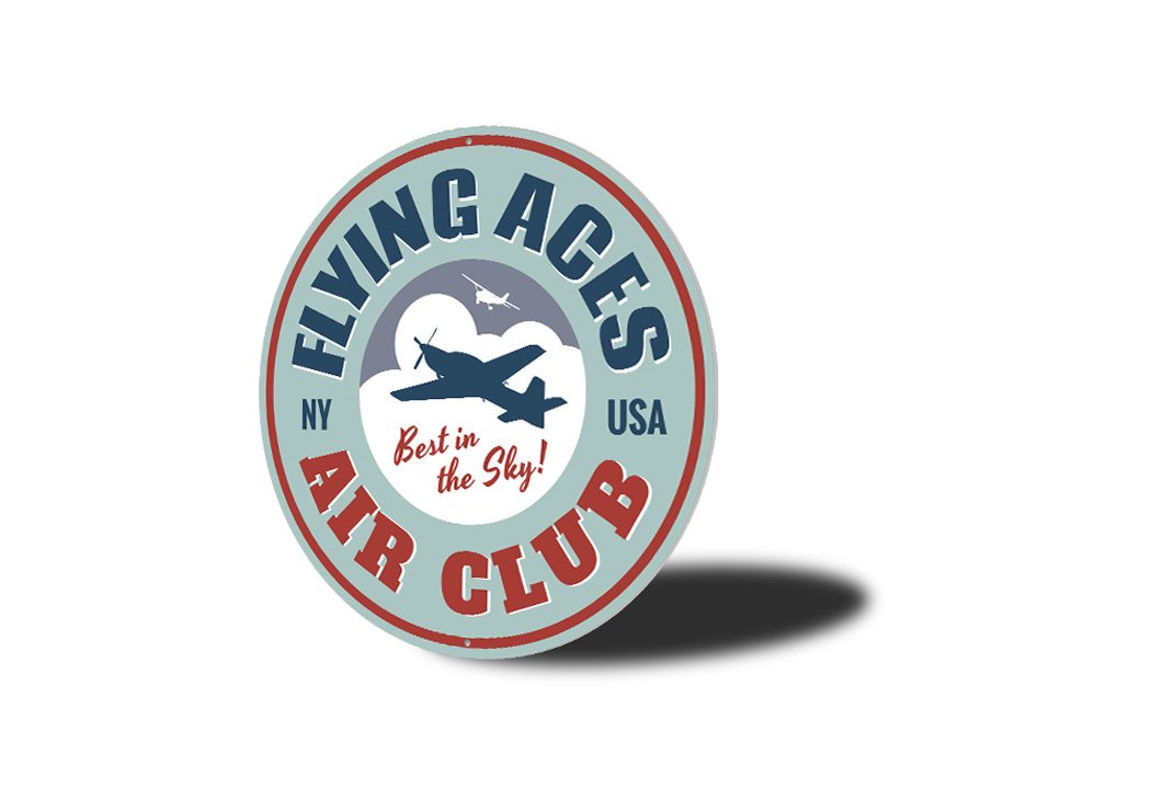 Flying Aces Air Club Airplane Sign made of high-quality aluminum, featuring a vintage airplane design, perfect for aviation enthusiasts.