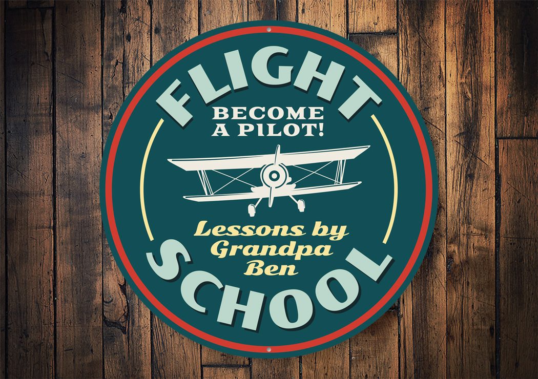 Flying Lessons Flight School Sign made of high-quality aluminum, featuring customizable text and pre-drilled holes for easy mounting.