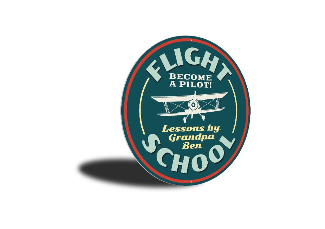 Flying Lessons Flight School Sign made of high-quality aluminum, featuring customizable text and pre-drilled holes for easy mounting.