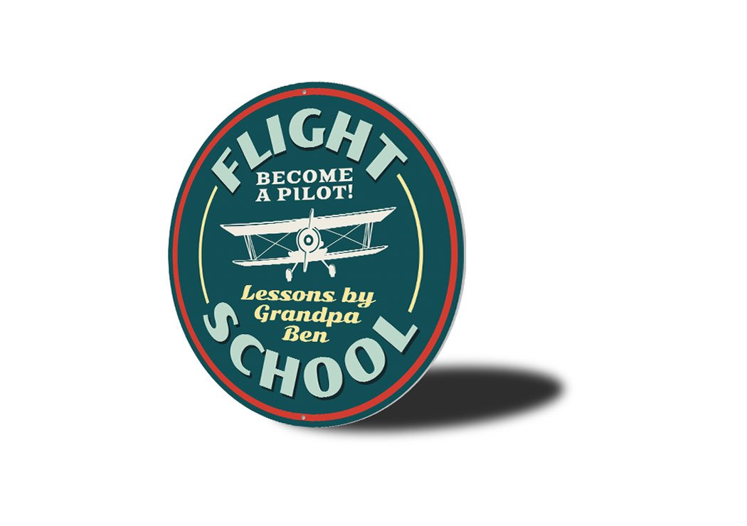 Flying Lessons Flight School Sign made of high-quality aluminum, featuring customizable text and pre-drilled holes for easy mounting.