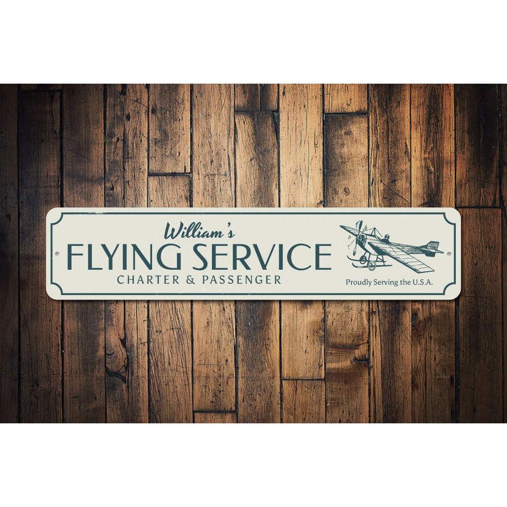 A customizable Flying Service Sign made of high-quality aluminum, featuring pre-drilled holes for easy mounting, perfect for home decor.