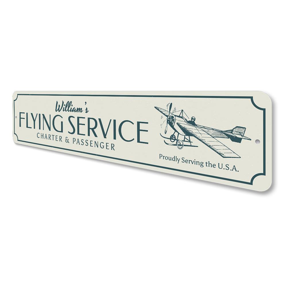 A customizable Flying Service Sign made of high-quality aluminum, featuring pre-drilled holes for easy mounting, perfect for home decor.