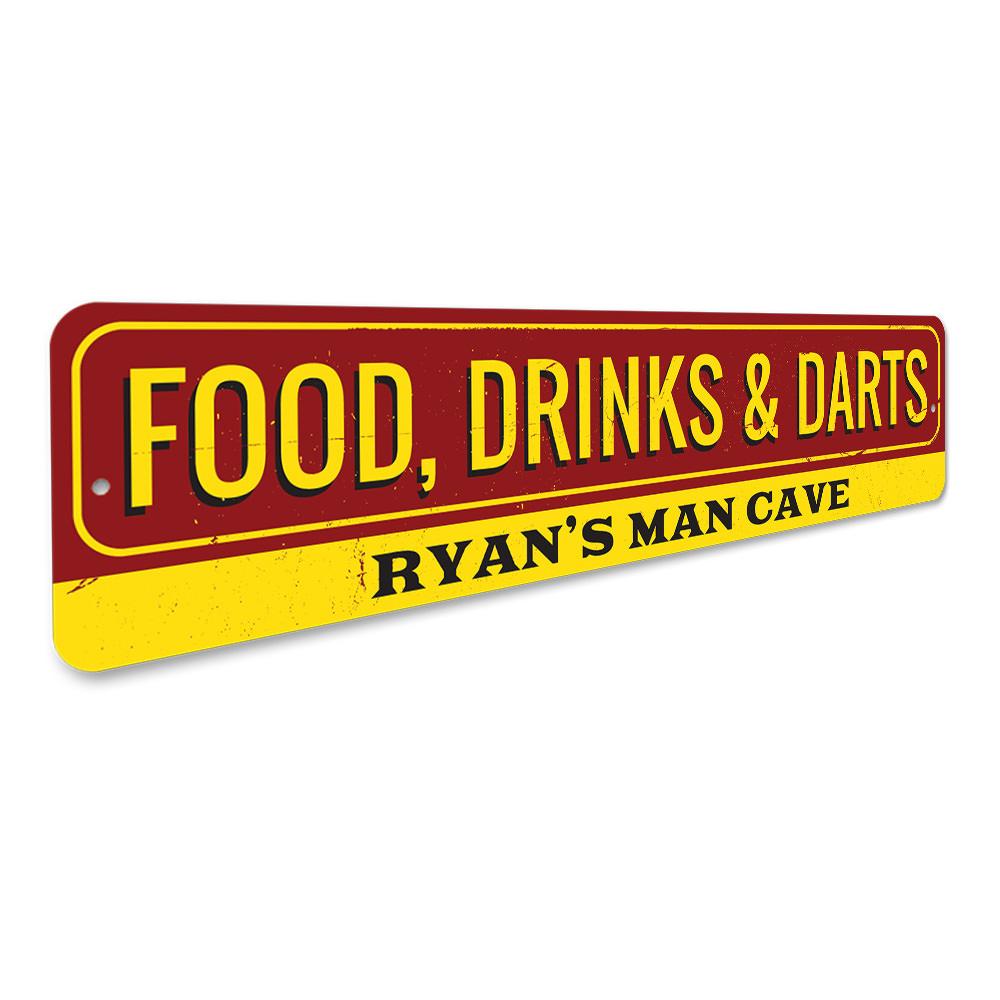 A decorative Food Drinks and Darts Sign made of high-quality aluminum, featuring vibrant colors and customizable text, perfect for game rooms and man caves.