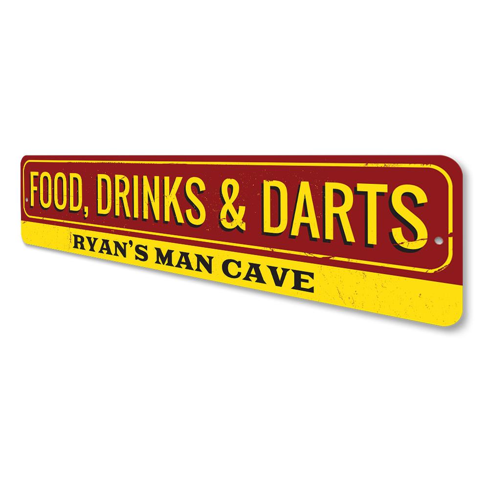 A decorative Food Drinks and Darts Sign made of high-quality aluminum, featuring vibrant colors and customizable text, perfect for game rooms and man caves.