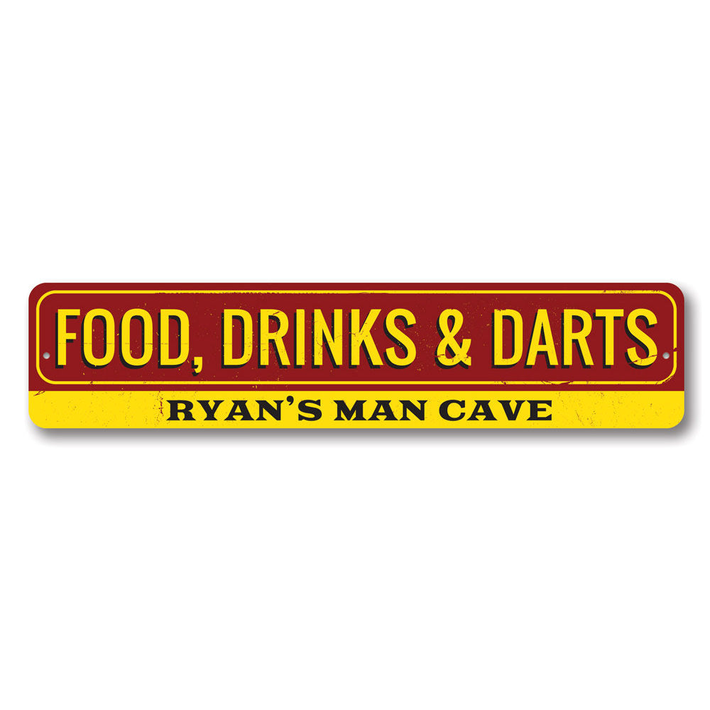 A decorative Food Drinks and Darts Sign made of high-quality aluminum, featuring vibrant colors and customizable text, perfect for game rooms and man caves.