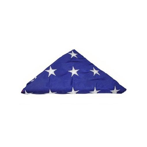 Pre Folded American Flag made in the USA, featuring embroidered stars and sewn stripes, designed to fit 3' x 5' display cases.