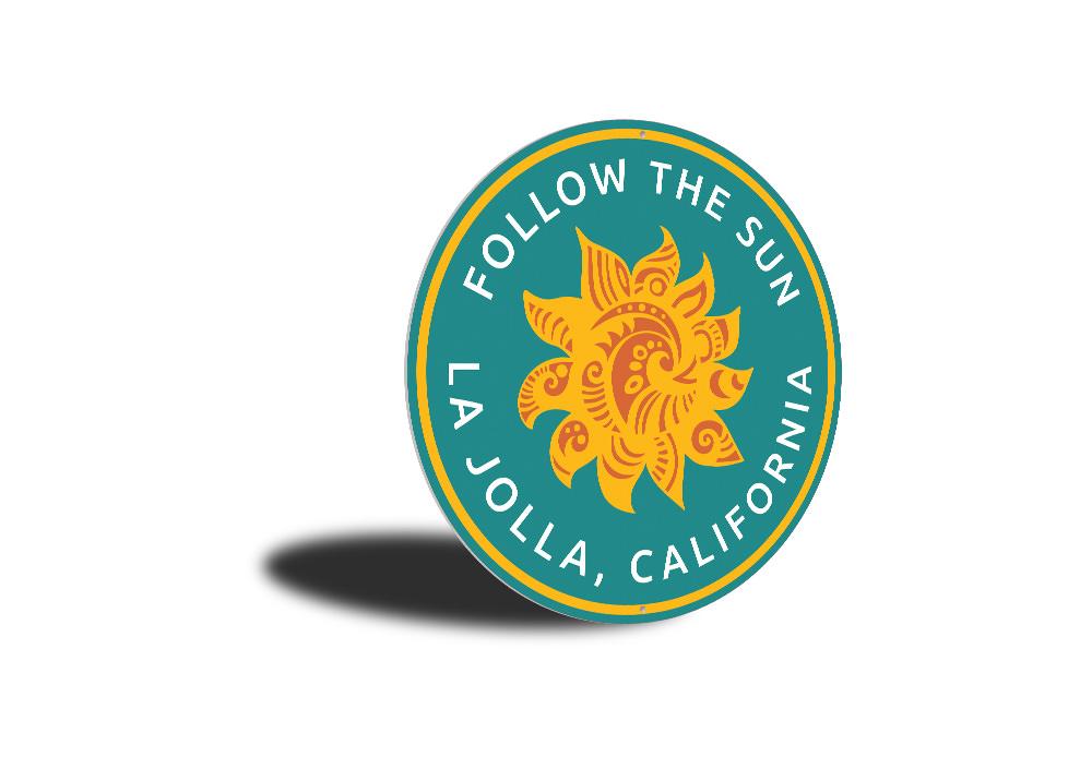 Custom Follow the Sun Sign made of aluminum, featuring vibrant colors and beach-themed design, perfect for coastal decor.