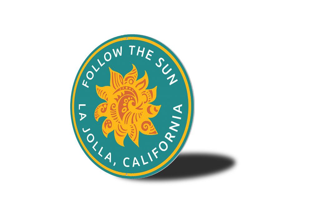 Custom Follow the Sun Sign made of aluminum, featuring vibrant colors and beach-themed design, perfect for coastal decor.