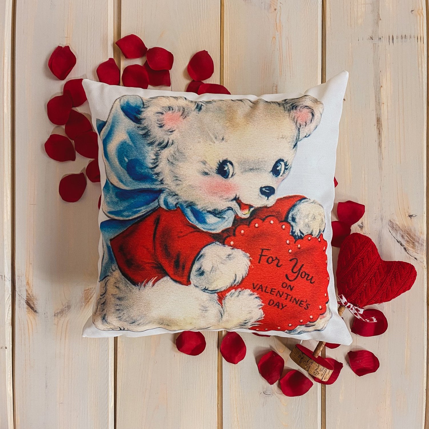 Vintage Valentine's Day pillow cover featuring 'For You on Valentines Day' design, made from cotton and polyester blend.