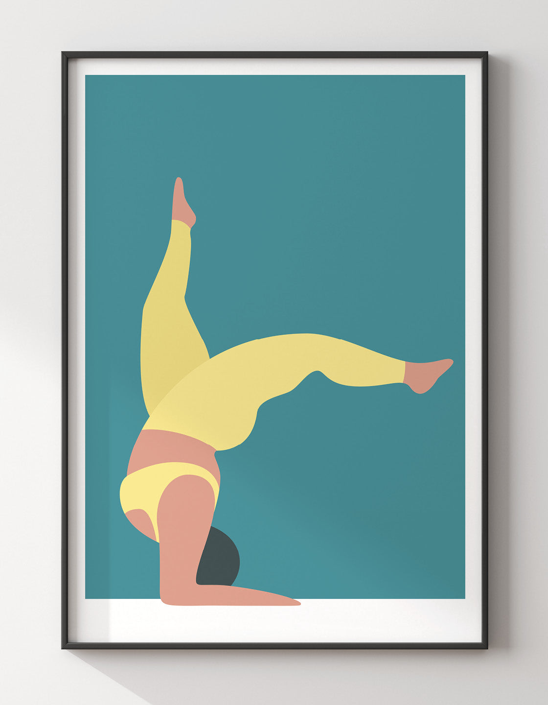 A vibrant yoga print showcasing the forearm stand pose in bold colors, perfect for home studio decor.