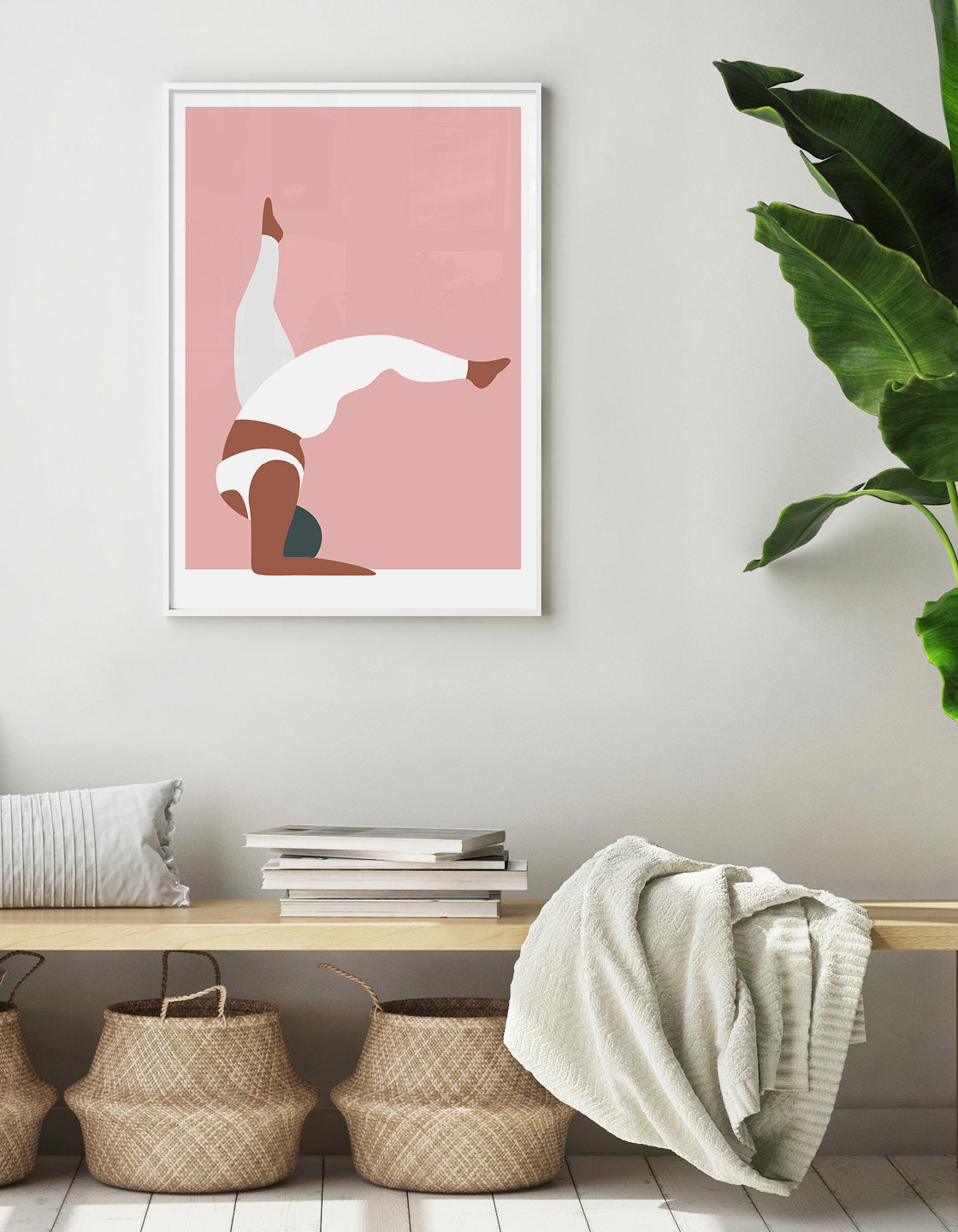 A vibrant yoga print showcasing the forearm stand pose in bold colors, perfect for home studio decor.